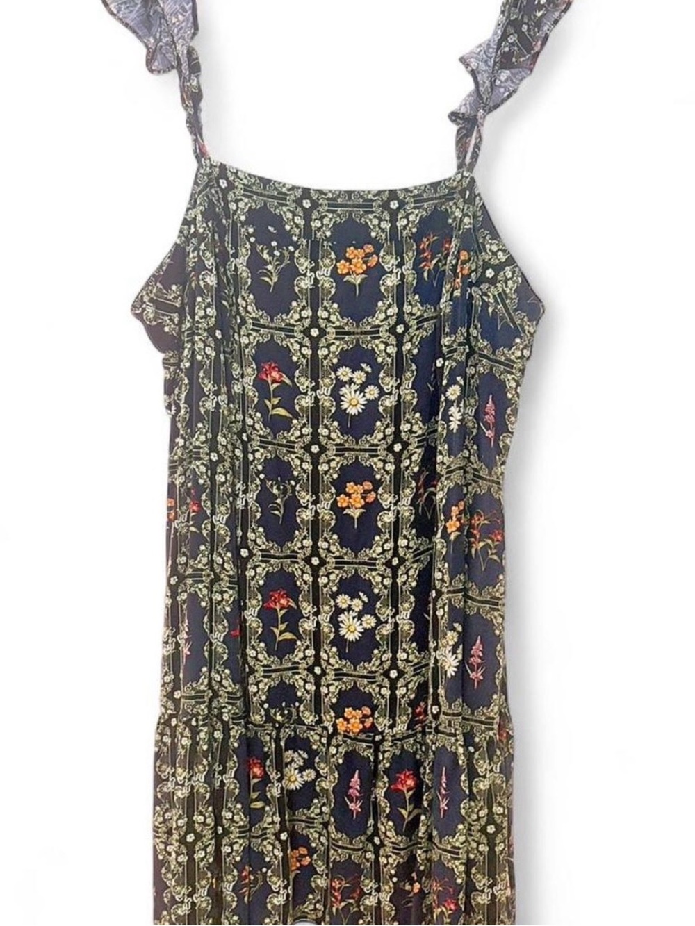 Agua Bendita Navy Floral Midi Dress with Green and Orange Accents